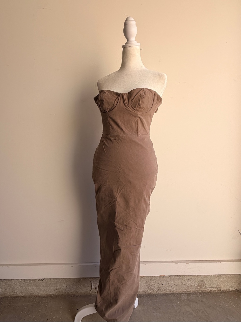 House of CB Strapless Bustier Maxi Dress in Taupe Brown
